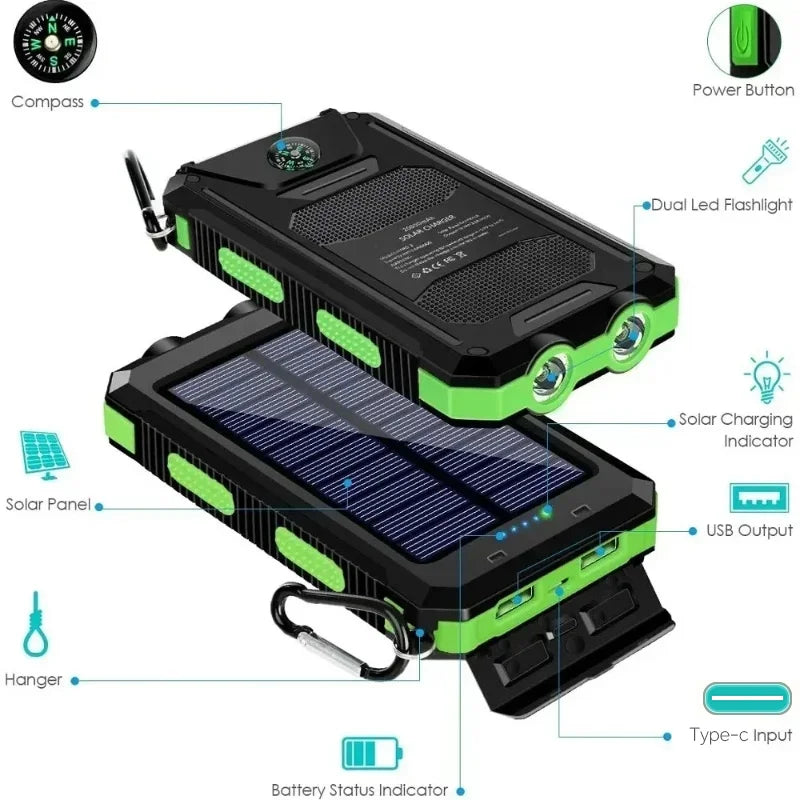 Artsy Digi™ Solar Power Bank – 200000mAh Waterproof Dual USB Charger for Camping & Travel