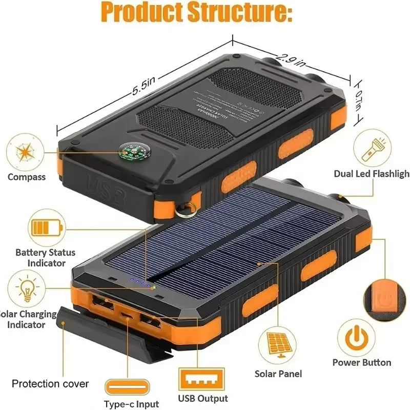 Artsy Digi™ Solar Power Bank – 200000mAh Waterproof Dual USB Charger for Camping & Travel